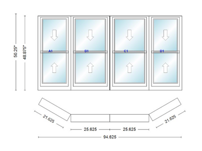 Andersen 400 Series Double Hung Bay Window 94 5/8" Wide Double Hung With Double Hung Flankers 30 Degree Angle Of Deflection Vinyl Exterior Wood Interior Low-E4 Dual Pane Argon Gas
