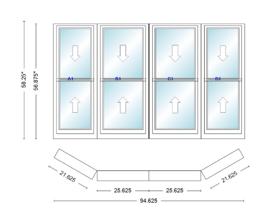 Andersen 400 Series Double Hung Bay Window 94 5/8" Wide Double Hung With Double Hung Flankers 30 Degree Angle Of Deflection Vinyl Exterior Wood Interior Low-E4 Dual Pane Argon Gas