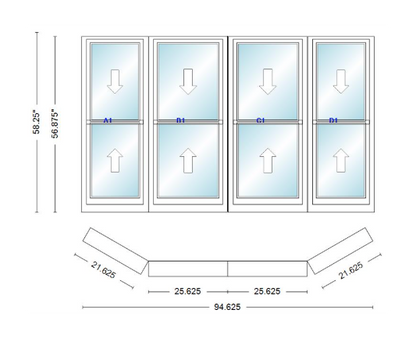 Andersen 400 Series Double Hung Bay Window 94 5/8" Wide Double Hung With Double Hung Flankers 30 Degree Angle Of Deflection Vinyl Exterior Wood Interior Low-E4 Dual Pane Argon Gas