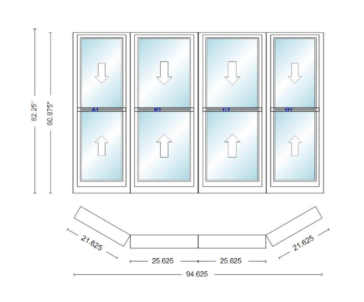 Andersen 400 Series Double Hung Bay Window 94 5/8" Wide Double Hung With Double Hung Flankers 30 Degree Angle Of Deflection Vinyl Exterior Wood Interior Low-E4 Dual Pane Argon Gas