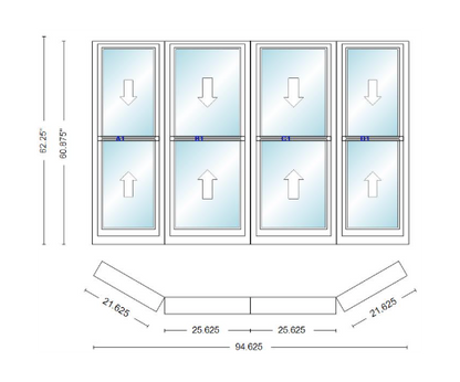 Andersen 400 Series Double Hung Bay Window 94 5/8" Wide Double Hung With Double Hung Flankers 30 Degree Angle Of Deflection Vinyl Exterior Wood Interior Low-E4 Dual Pane Argon Gas