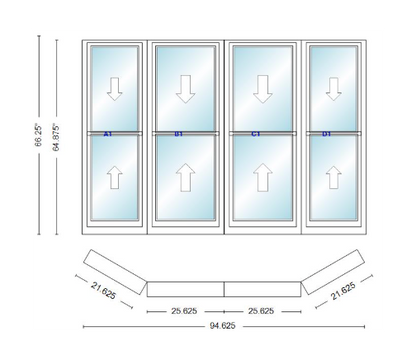 Andersen 400 Series Double Hung Bay Window 94 5/8" Wide Double Hung With Double Hung Flankers 30 Degree Angle Of Deflection Vinyl Exterior Wood Interior Low-E4 Dual Pane Argon Gas