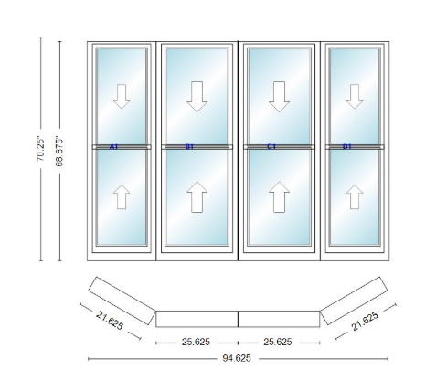Andersen 400 Series Double Hung Bay Window 94 5/8" Wide Double Hung With Double Hung Flankers 30 Degree Angle Of Deflection Vinyl Exterior Wood Interior Low-E4 Dual Pane Argon Gas