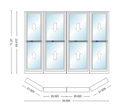 Andersen 400 Series Double Hung Bay Window 94 5/8" Wide Double Hung With Double Hung Flankers 30 Degree Angle Of Deflection Vinyl Exterior Wood Interior Low-E4 Dual Pane Argon Gas