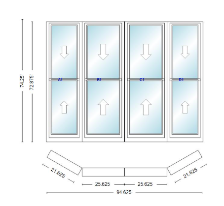 Andersen 400 Series Double Hung Bay Window 94 5/8" Wide Double Hung With Double Hung Flankers 30 Degree Angle Of Deflection Vinyl Exterior Wood Interior Low-E4 Dual Pane Argon Gas