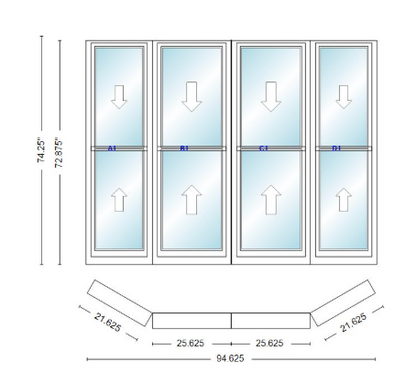 Andersen 400 Series Double Hung Bay Window 94 5/8" Wide Double Hung With Double Hung Flankers 30 Degree Angle Of Deflection Vinyl Exterior Wood Interior Low-E4 Dual Pane Argon Gas