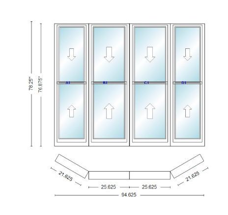 Andersen 400 Series Double Hung Bay Window 94 5/8" Wide Double Hung With Double Hung Flankers 30 Degree Angle Of Deflection Vinyl Exterior Wood Interior Low-E4 Dual Pane Argon Gas
