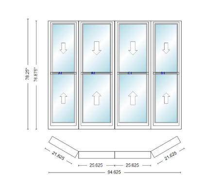 Andersen 400 Series Double Hung Bay Window 94 5/8" Wide Double Hung With Double Hung Flankers 30 Degree Angle Of Deflection Vinyl Exterior Wood Interior Low-E4 Dual Pane Argon Gas
