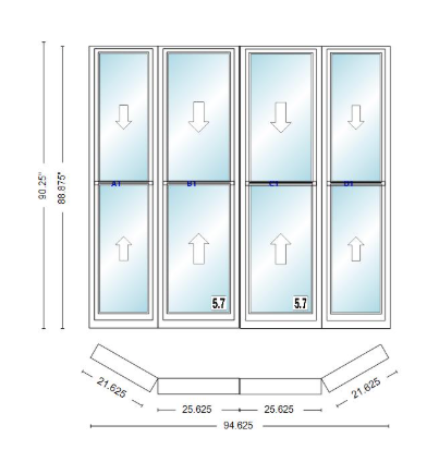 Andersen 400 Series Double Hung Bay Window 94 5/8" Wide Double Hung With Double Hung Flankers 30 Degree Angle Of Deflection Vinyl Exterior Wood Interior Low-E4 Dual Pane Argon Gas