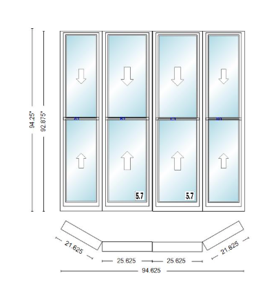 Andersen 400 Series Double Hung Bay Window 94 5/8" Wide Double Hung With Double Hung Flankers 30 Degree Angle Of Deflection Vinyl Exterior Wood Interior Low-E4 Dual Pane Argon Gas