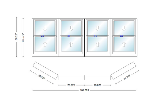 Andersen 400 Series Double Hung Bay Window 101 5/8" Wide Double Hung With Double Hung Flankers 30 Degree Angle Of Deflection Vinyl Exterior Wood Interior Low-E4 Dual Pane Argon Gas