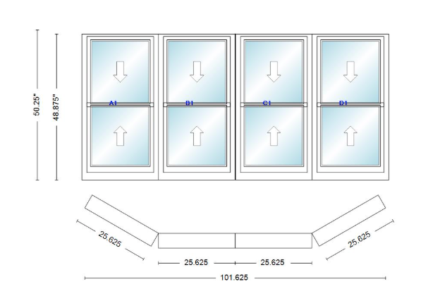 Andersen 400 Series Double Hung Bay Window 101 5/8" Wide Double Hung With Double Hung Flankers 30 Degree Angle Of Deflection Vinyl Exterior Wood Interior Low-E4 Dual Pane Argon Gas