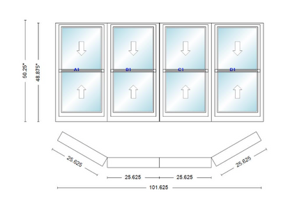 Andersen 400 Series Double Hung Bay Window 101 5/8" Wide Double Hung With Double Hung Flankers 30 Degree Angle Of Deflection Vinyl Exterior Wood Interior Low-E4 Dual Pane Argon Gas