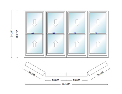 Andersen 400 Series Double Hung Bay Window 101 5/8" Wide Double Hung With Double Hung Flankers 30 Degree Angle Of Deflection Vinyl Exterior Wood Interior Low-E4 Dual Pane Argon Gas