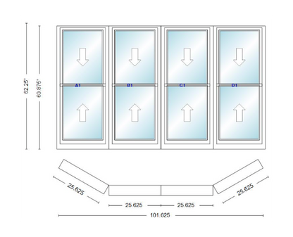 Andersen 400 Series Double Hung Bay Window 101 5/8" Wide Double Hung With Double Hung Flankers 30 Degree Angle Of Deflection Vinyl Exterior Wood Interior Low-E4 Dual Pane Argon Gas