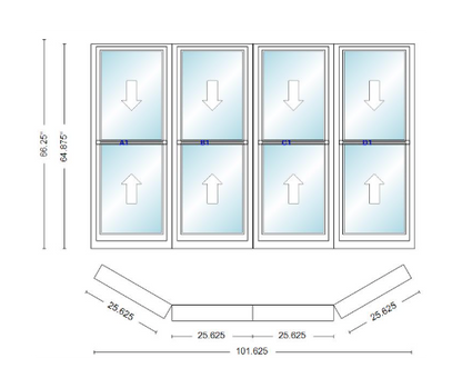 Andersen 400 Series Double Hung Bay Window 101 5/8" Wide Double Hung With Double Hung Flankers 30 Degree Angle Of Deflection Vinyl Exterior Wood Interior Low-E4 Dual Pane Argon Gas