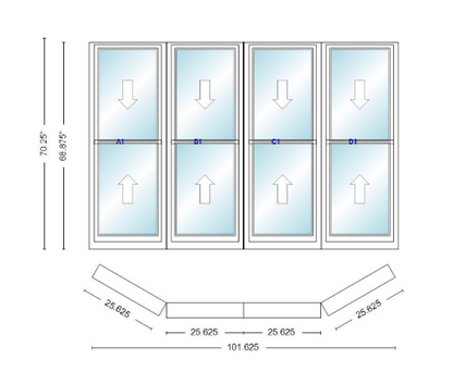 Andersen 400 Series Double Hung Bay Window 101 5/8" Wide Double Hung With Double Hung Flankers 30 Degree Angle Of Deflection Vinyl Exterior Wood Interior Low-E4 Dual Pane Argon Gas