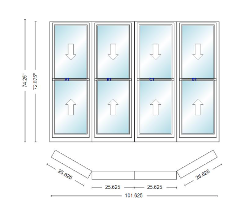 Andersen 400 Series Double Hung Bay Window 101 5/8" Wide Double Hung With Double Hung Flankers 30 Degree Angle Of Deflection Vinyl Exterior Wood Interior Low-E4 Dual Pane Argon Gas