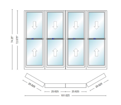 Andersen 400 Series Double Hung Bay Window 101 5/8" Wide Double Hung With Double Hung Flankers 30 Degree Angle Of Deflection Vinyl Exterior Wood Interior Low-E4 Dual Pane Argon Gas