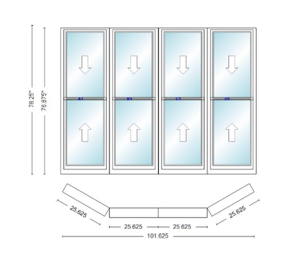 Andersen 400 Series Double Hung Bay Window 101 5/8" Wide Double Hung With Double Hung Flankers 30 Degree Angle Of Deflection Vinyl Exterior Wood Interior Low-E4 Dual Pane Argon Gas