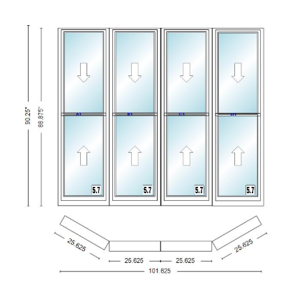 Andersen 400 Series Double Hung Bay Window 101 5/8" Wide Double Hung With Double Hung Flankers 30 Degree Angle Of Deflection Vinyl Exterior Wood Interior Low-E4 Dual Pane Argon Gas