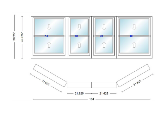 Andersen 400 Series Double Hung Bay Window 104" Wide Double Hung With Double Hung Flankers 30 Degree Angle Of Deflection Vinyl Exterior Wood Interior Low-E4 Dual Pane Argon Gas