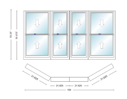 Andersen 400 Series Double Hung Bay Window 104" Wide Double Hung With Double Hung Flankers 30 Degree Angle Of Deflection Vinyl Exterior Wood Interior Low-E4 Dual Pane Argon Gas
