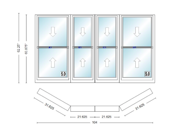 Andersen 400 Series Double Hung Bay Window 104" Wide Double Hung With Double Hung Flankers 30 Degree Angle Of Deflection Vinyl Exterior Wood Interior Low-E4 Dual Pane Argon Gas