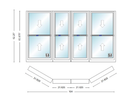 Andersen 400 Series Double Hung Bay Window 104" Wide Double Hung With Double Hung Flankers 30 Degree Angle Of Deflection Vinyl Exterior Wood Interior Low-E4 Dual Pane Argon Gas