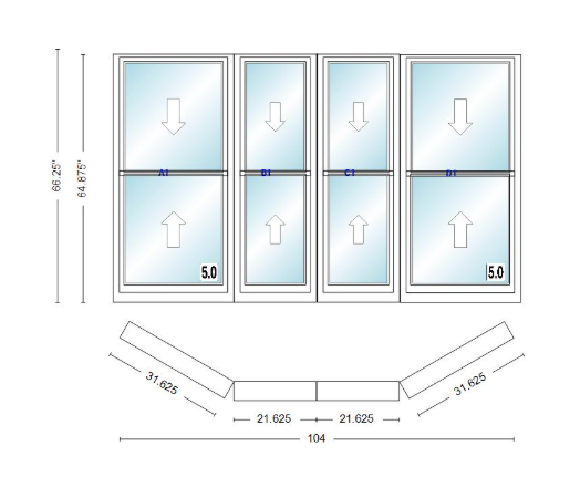 Andersen 400 Series Double Hung Bay Window 104" Wide Double Hung With Double Hung Flankers 30 Degree Angle Of Deflection Vinyl Exterior Wood Interior Low-E4 Dual Pane Argon Gas