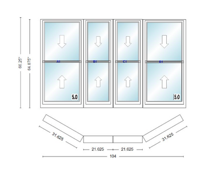 Andersen 400 Series Double Hung Bay Window 104" Wide Double Hung With Double Hung Flankers 30 Degree Angle Of Deflection Vinyl Exterior Wood Interior Low-E4 Dual Pane Argon Gas