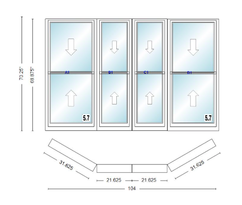 Andersen 400 Series Double Hung Bay Window 104" Wide Double Hung With Double Hung Flankers 30 Degree Angle Of Deflection Vinyl Exterior Wood Interior Low-E4 Dual Pane Argon Gas