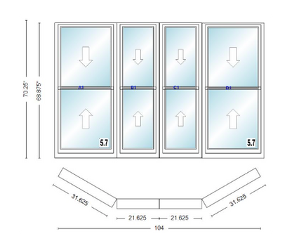 Andersen 400 Series Double Hung Bay Window 104" Wide Double Hung With Double Hung Flankers 30 Degree Angle Of Deflection Vinyl Exterior Wood Interior Low-E4 Dual Pane Argon Gas
