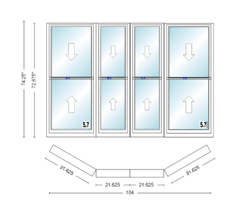 Andersen 400 Series Double Hung Bay Window 104" Wide Double Hung With Double Hung Flankers 30 Degree Angle Of Deflection Vinyl Exterior Wood Interior Low-E4 Dual Pane Argon Gas
