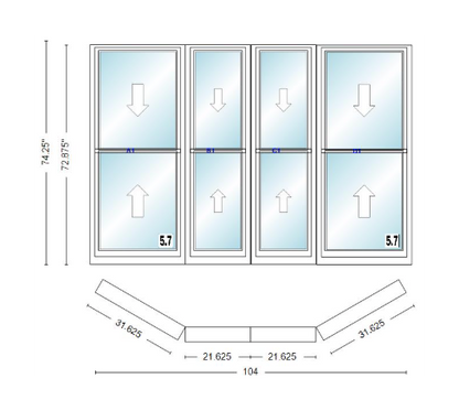 Andersen 400 Series Double Hung Bay Window 104" Wide Double Hung With Double Hung Flankers 30 Degree Angle Of Deflection Vinyl Exterior Wood Interior Low-E4 Dual Pane Argon Gas