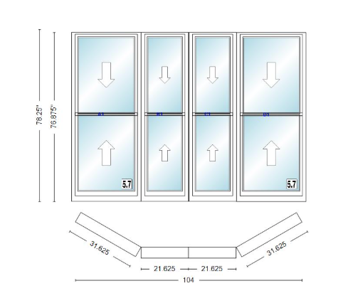 Andersen 400 Series Double Hung Bay Window 104" Wide Double Hung With Double Hung Flankers 30 Degree Angle Of Deflection Vinyl Exterior Wood Interior Low-E4 Dual Pane Argon Gas