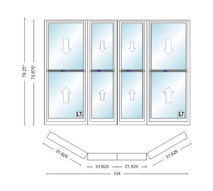 Andersen 400 Series Double Hung Bay Window 104" Wide Double Hung With Double Hung Flankers 30 Degree Angle Of Deflection Vinyl Exterior Wood Interior Low-E4 Dual Pane Argon Gas