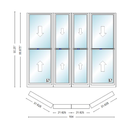 Andersen 400 Series Double Hung Bay Window 104" Wide Double Hung With Double Hung Flankers 30 Degree Angle Of Deflection Vinyl Exterior Wood Interior Low-E4 Dual Pane Argon Gas