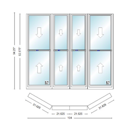 Andersen 400 Series Double Hung Bay Window 104" Wide Double Hung With Double Hung Flankers 30 Degree Angle Of Deflection Vinyl Exterior Wood Interior Low-E4 Dual Pane Argon Gas