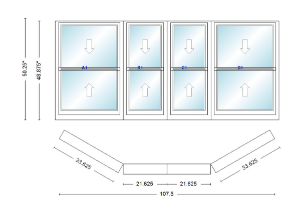 Andersen 400 Series Double Hung Bay Window 107 1/2" Wide Double Hung With Double Hung Flankers 30 Degree Angle Of Deflection Vinyl Exterior Wood Interior Low-E4 Dual Pane Argon Gas