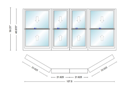 Andersen 400 Series Double Hung Bay Window 107 1/2" Wide Double Hung With Double Hung Flankers 30 Degree Angle Of Deflection Vinyl Exterior Wood Interior Low-E4 Dual Pane Argon Gas