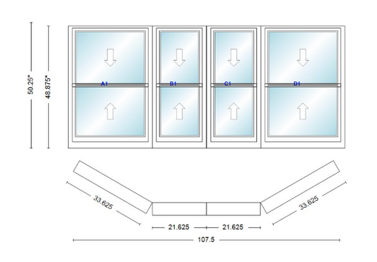 Andersen 400 Series Double Hung Bay Window 107 1/2" Wide Double Hung With Double Hung Flankers 30 Degree Angle Of Deflection Vinyl Exterior Wood Interior Low-E4 Dual Pane Argon Gas