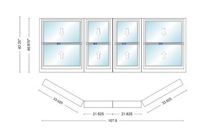 Andersen 400 Series Double Hung Bay Window 107 1/2" Wide Double Hung With Double Hung Flankers 30 Degree Angle Of Deflection Vinyl Exterior Wood Interior Low-E4 Dual Pane Argon Gas