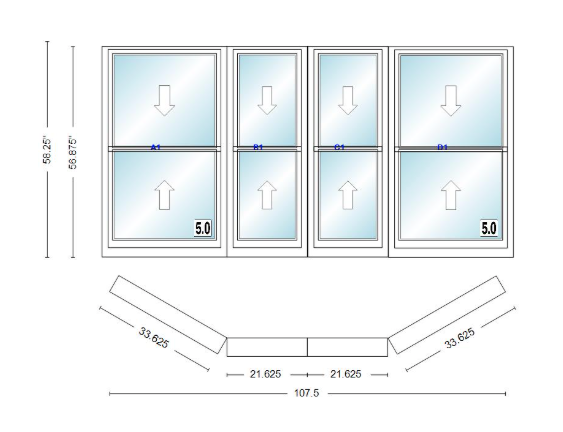 Andersen 400 Series Double Hung Bay Window 107 1/2" Wide Double Hung With Double Hung Flankers 30 Degree Angle Of Deflection Vinyl Exterior Wood Interior Low-E4 Dual Pane Argon Gas