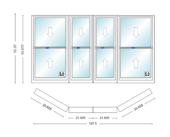 Andersen 400 Series Double Hung Bay Window 107 1/2" Wide Double Hung With Double Hung Flankers 30 Degree Angle Of Deflection Vinyl Exterior Wood Interior Low-E4 Dual Pane Argon Gas