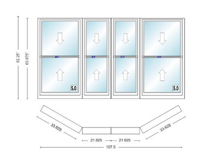 Andersen 400 Series Double Hung Bay Window 107 1/2" Wide Double Hung With Double Hung Flankers 30 Degree Angle Of Deflection Vinyl Exterior Wood Interior Low-E4 Dual Pane Argon Gas