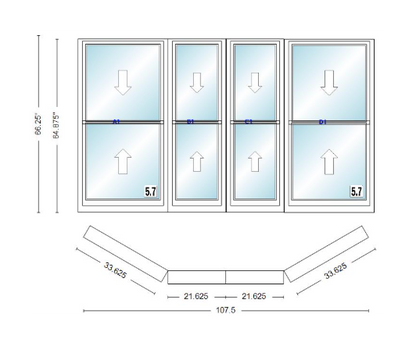 Andersen 400 Series Double Hung Bay Window 107 1/2" Wide Double Hung With Double Hung Flankers 30 Degree Angle Of Deflection Vinyl Exterior Wood Interior Low-E4 Dual Pane Argon Gas