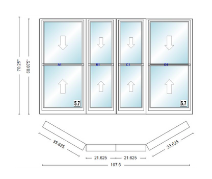 Andersen 400 Series Double Hung Bay Window 107 1/2" Wide Double Hung With Double Hung Flankers 30 Degree Angle Of Deflection Vinyl Exterior Wood Interior Low-E4 Dual Pane Argon Gas