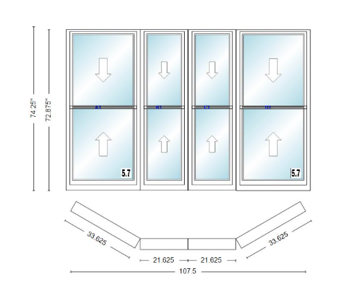 Andersen 400 Series Double Hung Bay Window 107 1/2" Wide Double Hung With Double Hung Flankers 30 Degree Angle Of Deflection Vinyl Exterior Wood Interior Low-E4 Dual Pane Argon Gas