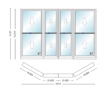 Andersen 400 Series Double Hung Bay Window 107 1/2" Wide Double Hung With Double Hung Flankers 30 Degree Angle Of Deflection Vinyl Exterior Wood Interior Low-E4 Dual Pane Argon Gas